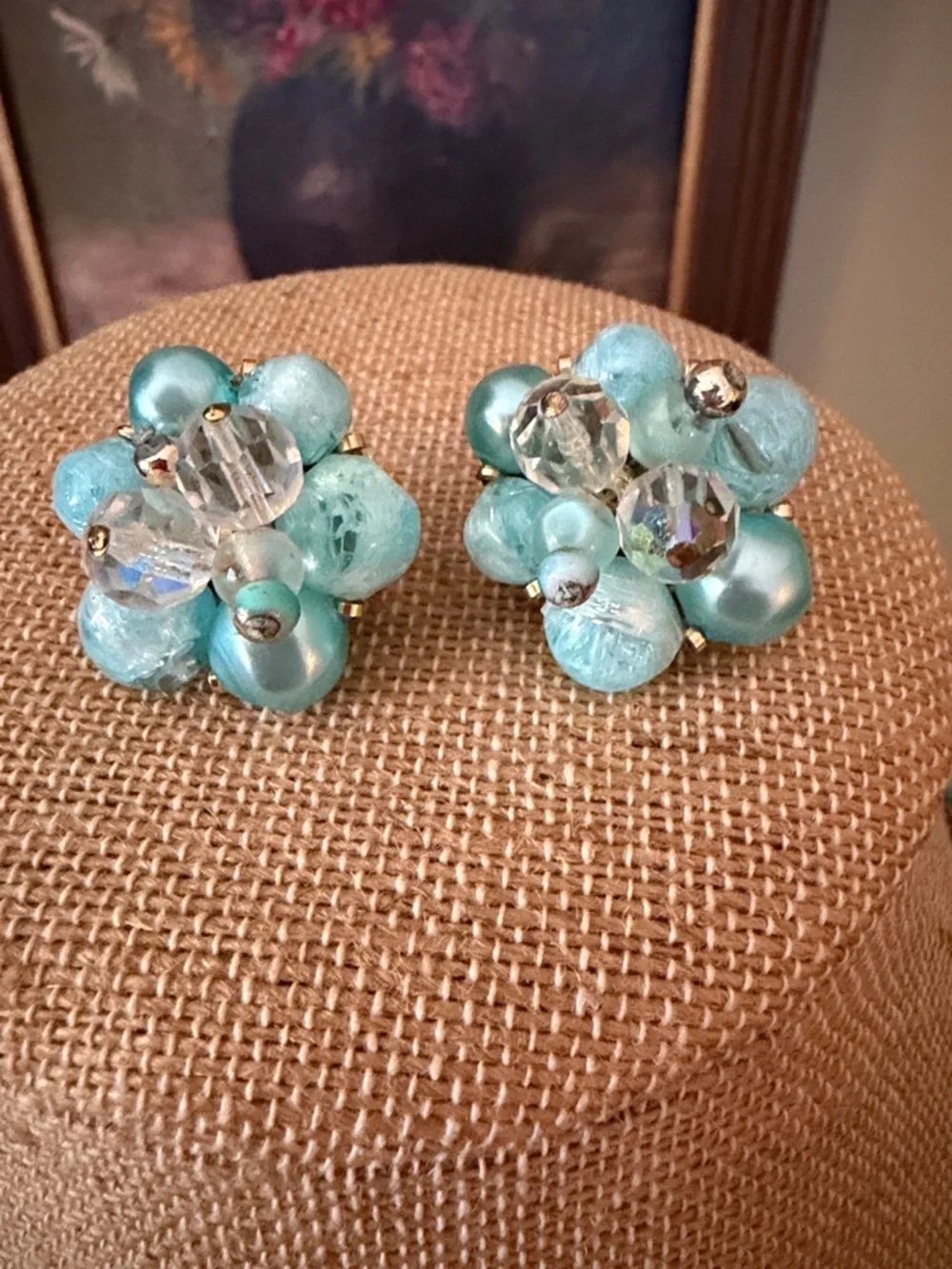 VTG Blue Bead Necklace and Clip-On Earrings Set